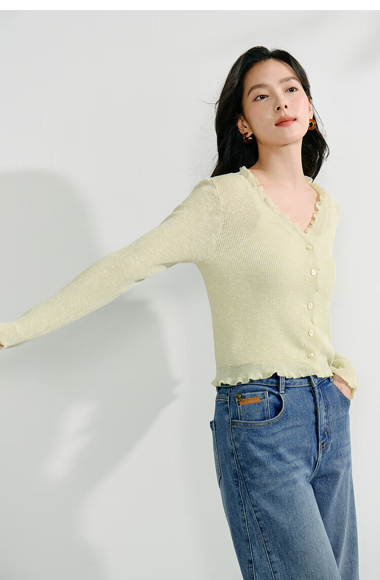 Inman Lotus Leaf V-Neck Lightweight Knit Cardigan Slim Fit Long Sleeve Top Vacation Style 30